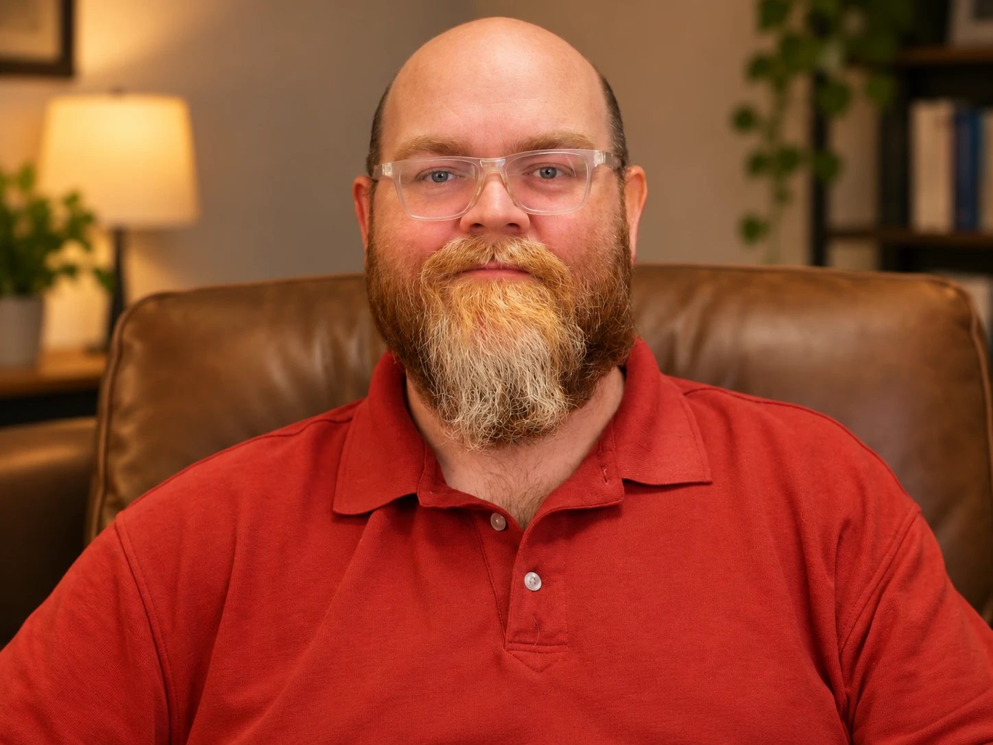 Brian Girton in a red polo shirt, seated in a leather chair with a lamp and plants behind him