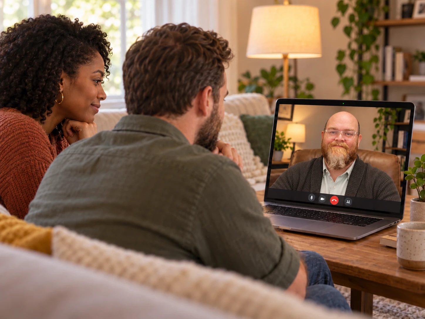 A couple sitting together on a couch, joining an online therapy session with Brian Girton on a laptop