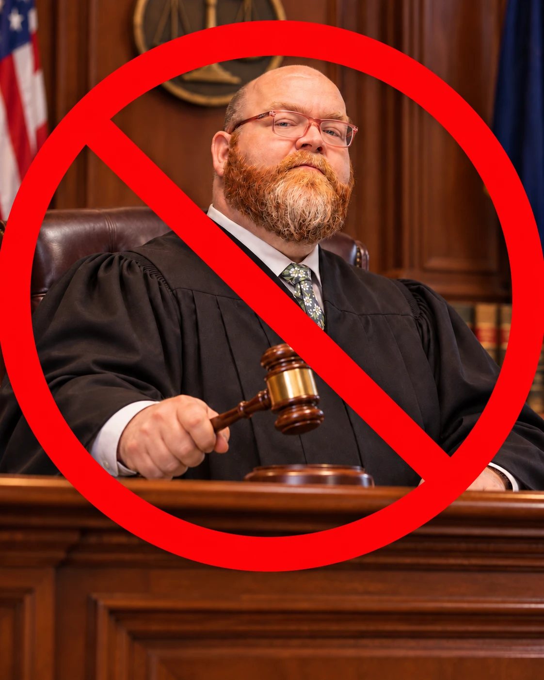 A joking image of Brian Girton in a judge's robe holding a gavel, covered by a red circle and slash to show that he is not a judge